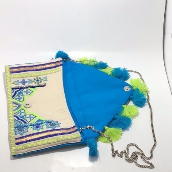 Boho Green Blue Arabesque Tassel Trim Crossbody - Picture 6 of 10
